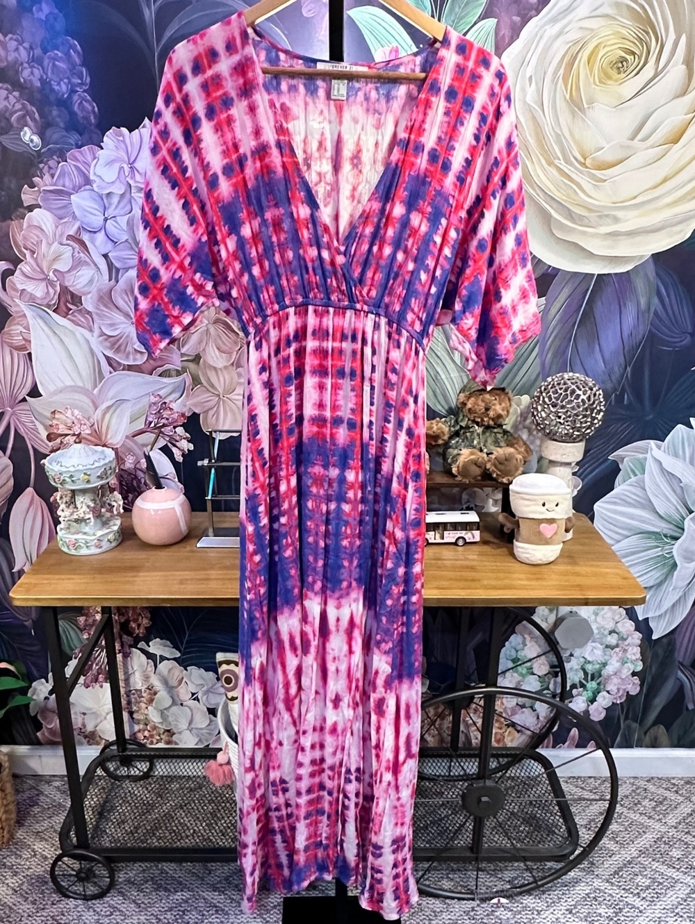 Forever 21 XS Maxi Dress Tie Dye Tulip Hem High Slit Boho Festival Pink Purple